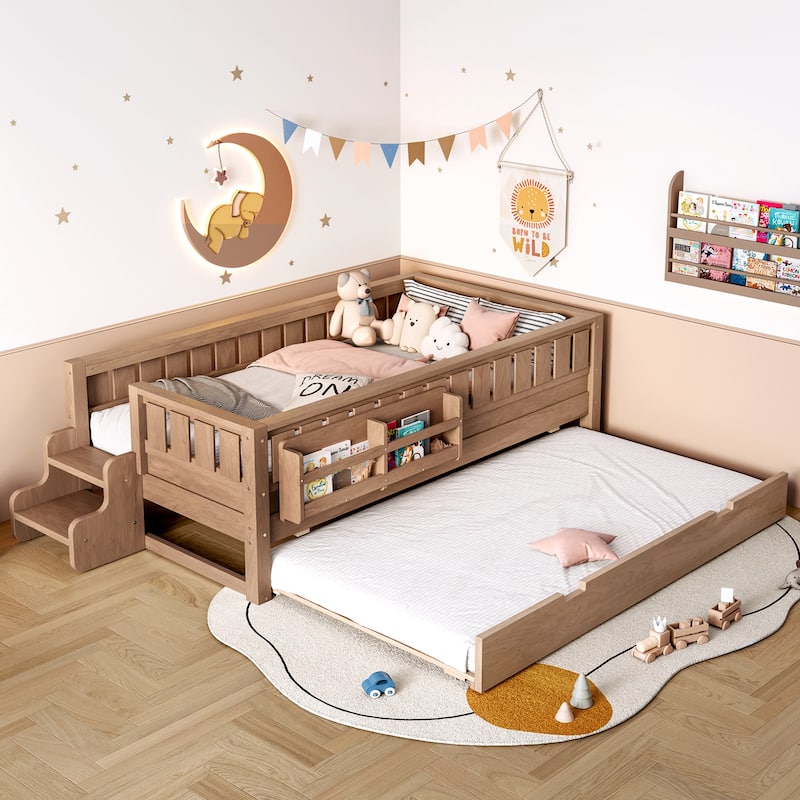 Roomfitters Floor Bed with Bookshelf and Trundle, Low Profile Frame with Step Entry
