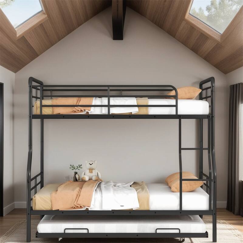 Modern Full XL Over Queen Metal Bunk Bed with Twin Size Trundle