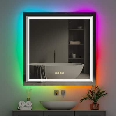 Square RGB Colorful LED Lighted Bathroom Mirror Fogless - 32" x 32"