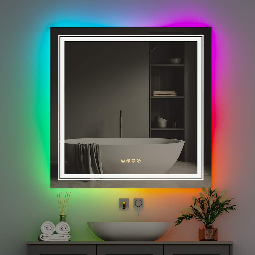 Square RGB Colorful LED Lighted Bathroom Mirror Fogless - 32" x 32"