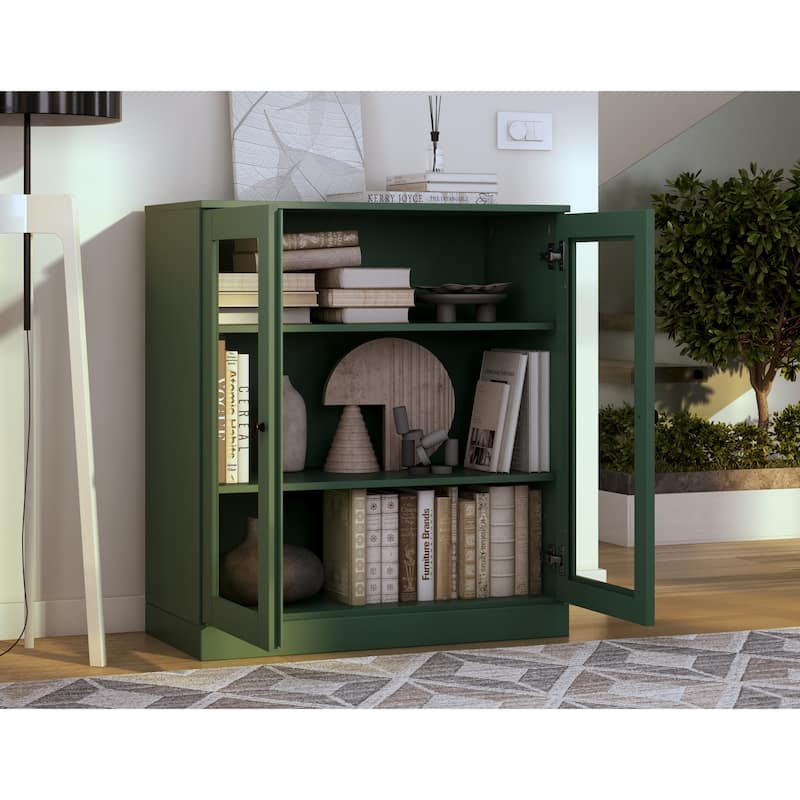 Palace Imports 100% Solid Wood 3-Shelf Bookcase, Clear Glass Doors, Adjustable Shelves, 32" Wide, 35.75" Tall