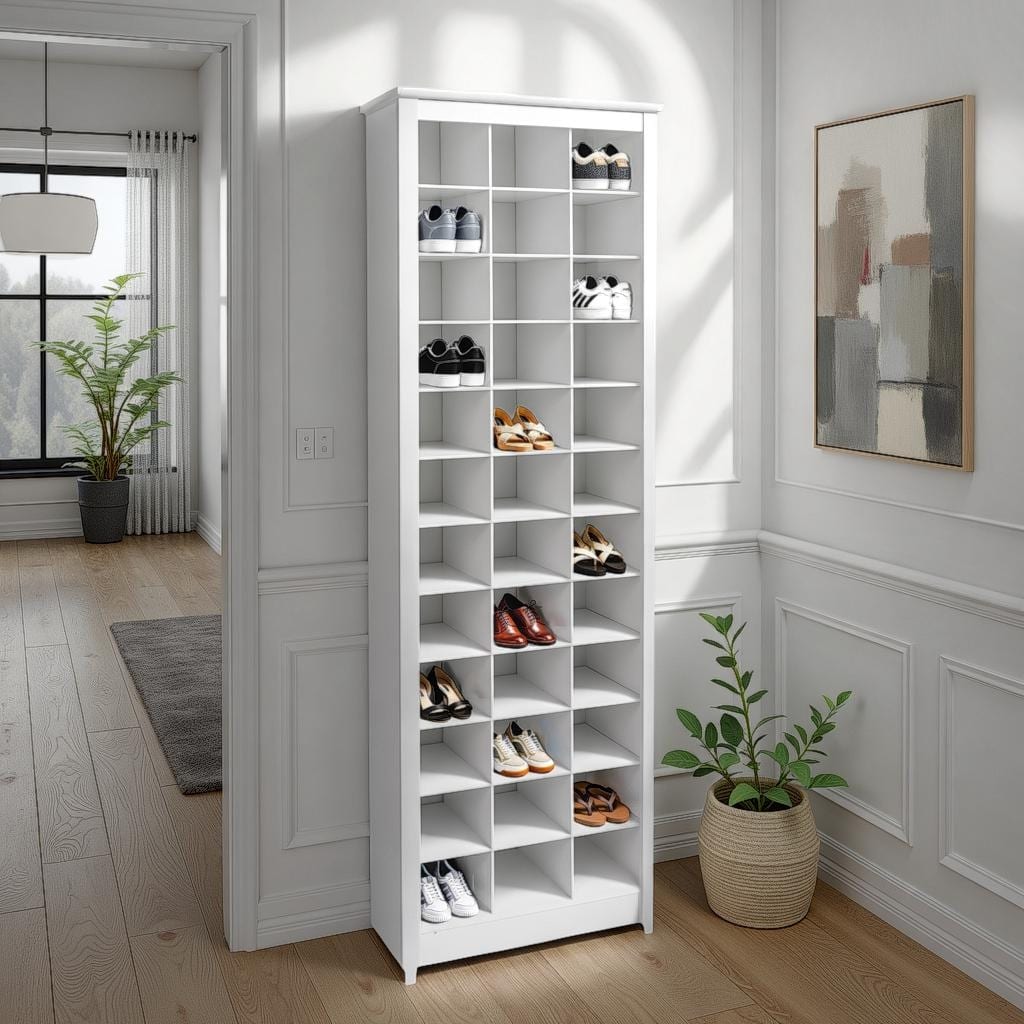 Prepac Elegant White Shoe Storage Cabinet, Space-Saving Solution with Cubbies for 36 Pairs, 13"D x 23.5" W x 72.5" H