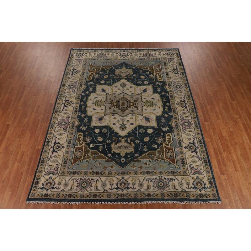 Geometric Heriz Serapi Indian Area Rug Handmade Blue Wool Carpet - 8'11" x 11'10"