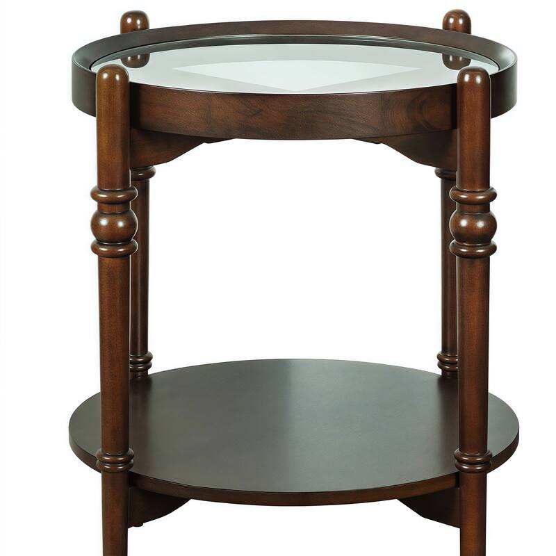 Modern Round Glass End Table – Dual-Level Design with Decorative Wooden Shelf
