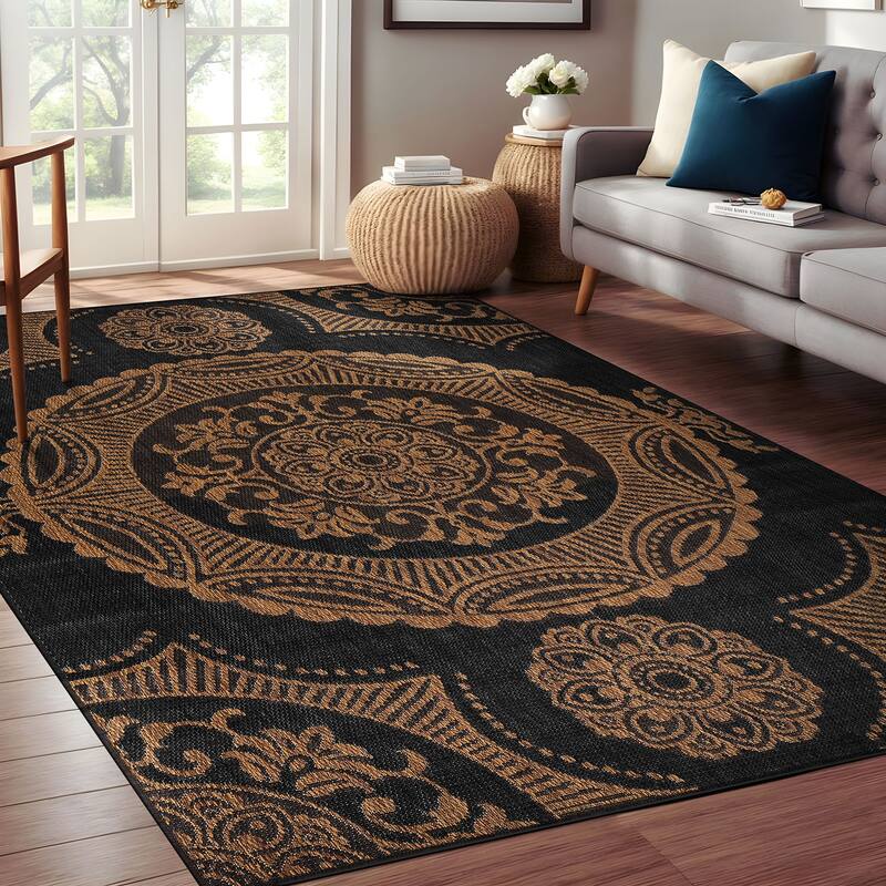 Beverly Rug Blue Medallion Indoor Outdoor Rug, Outside Carpet for Patio, Deck, Porch