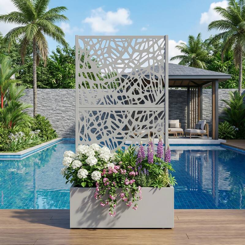 Metal Galvanized Planter Box with Trellis Privacy Screen Lockable Wheels