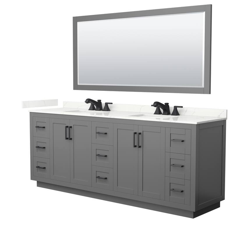 Miranda 84-inch Double Vanity, Quartz Top, 70-inch Mirror - Dark Gray, Black Trim, Giotto Quartz Top