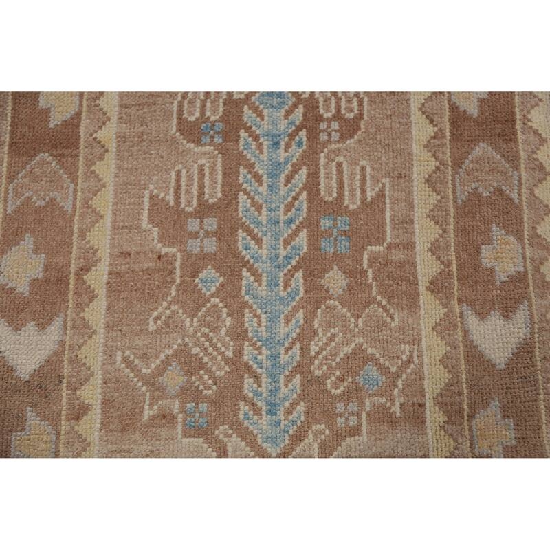 Hand Knotted Oriental 100% Wool Carpet Transitional Geometric Brown Oushak Runner Rug - 13' 6'' X 3' 0''