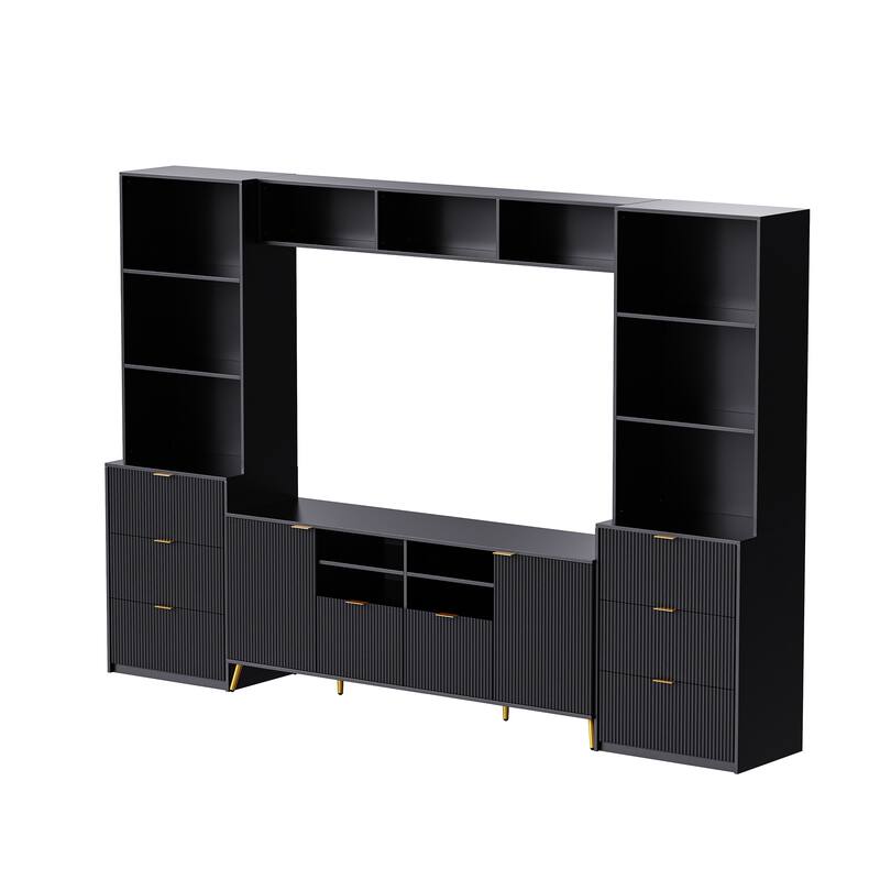 Multifunctional 4-Piece TV Wall Unit with 13 Shelves, 8 Drawers, & 2 Cabinets, Fluted Line Design, for Living Room