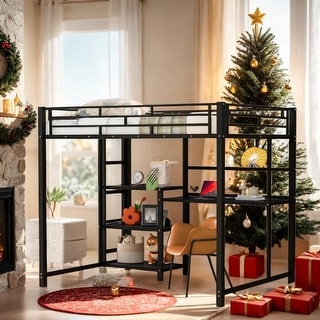 Contemporary Full Size Loft Bed with Desk and Whiteboard, Metal Loft Bed with 3 Shelves and Ladder, Maximized Space, Espresso