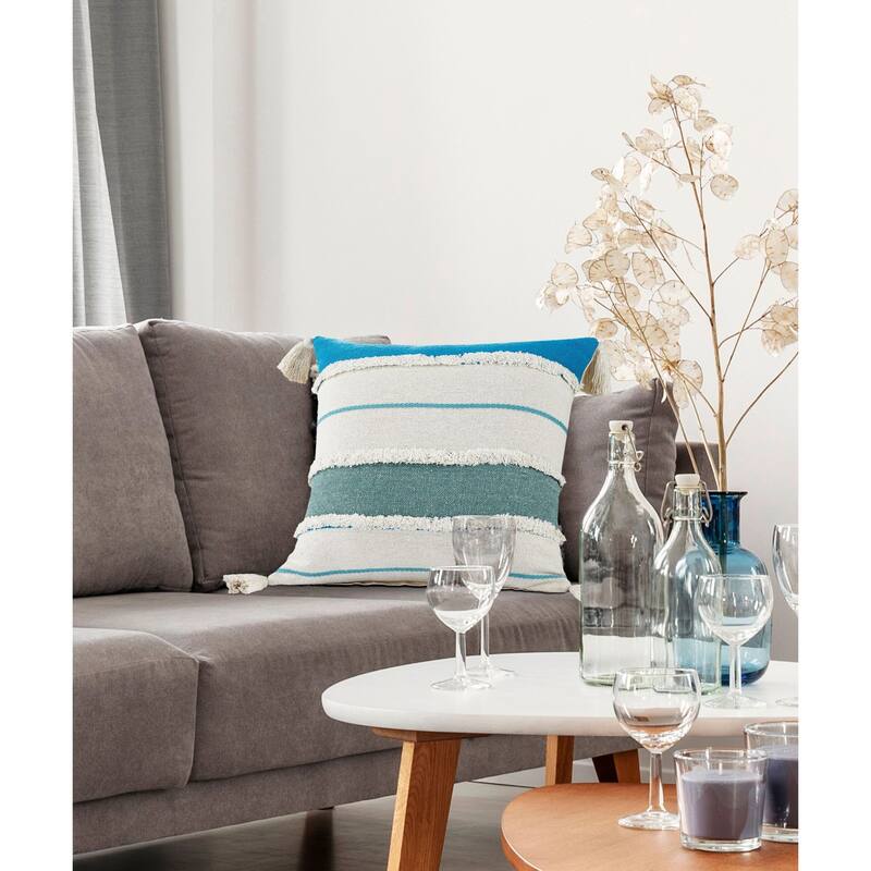 20" Turquoise and White Striped Hand Loomed Square Throw Pillow