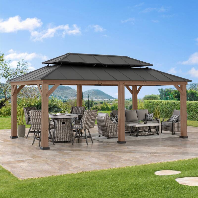Sunjoy 12x20 ft. Wood Gazebo, Outdoor Patio Steel Hardtop Gazebo, Cedar Framed Wooden Gazebo with 2-tier Metal Roof