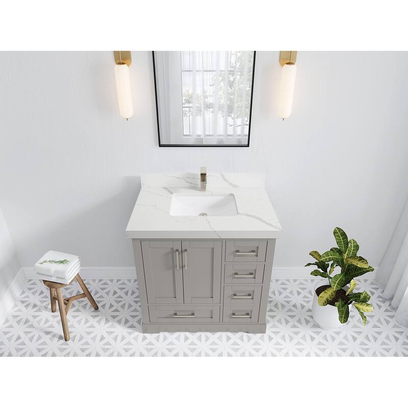 Willow Collections 36 x 22 Boston Center Sink Left Bathroom Vanity with Countertop - 2"Calacatta Laza - Elephant Skin Gray