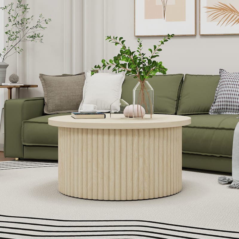 Round Coffee Table with Wood Grain Vertical Stripes, Small Fluted Circle Side Table, Center Table with Adjustable Feet