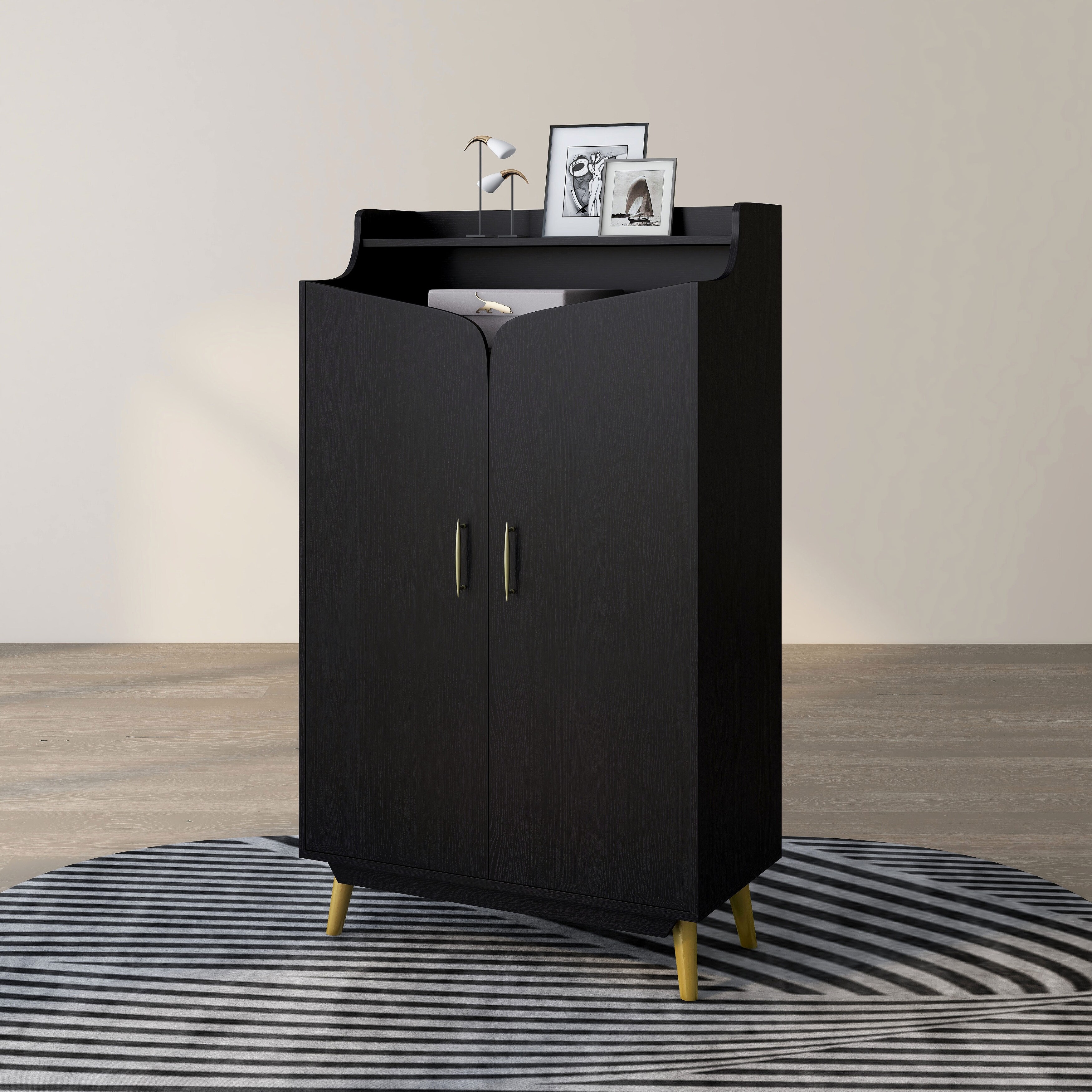 DH BASIC Chic Mid-Century Modern Black with Gold 15-Pair Double-Door Shoe Cabinet by Denhour