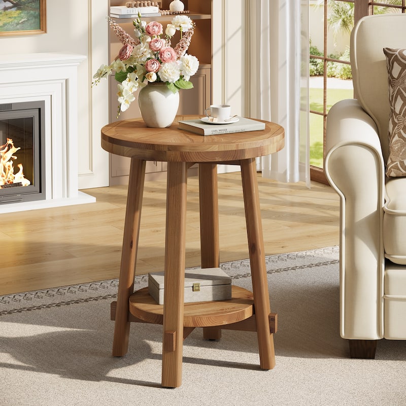 Round Side Table, Solid Wood 2 Tier End Table for Living Room