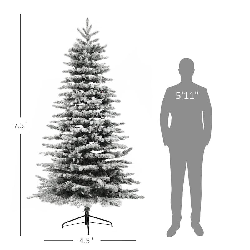 HOMCOM Pre-Lit Snow Flocked Mountain Pine Tree - LED Lights, Hinged Branches, Green