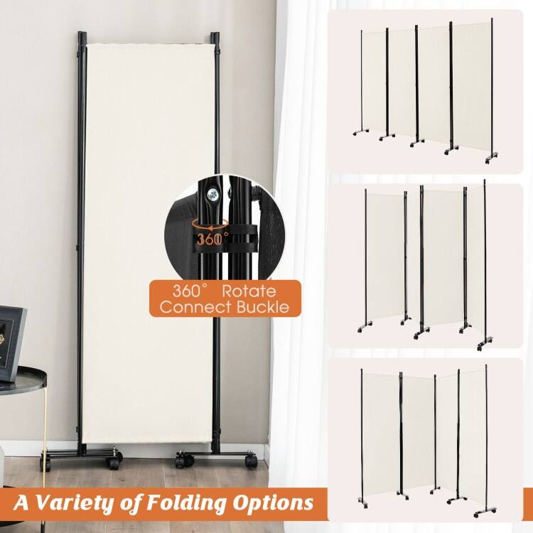 4-Panel Folding Room Divider Rolling Privacy Screen with Lockable Wheels - 89" x 12" x 68" (L x W x H)