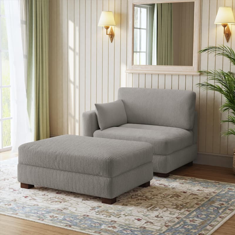 Modern Corduroy Upholstered Sectional Chaise Lounge with Ottoman