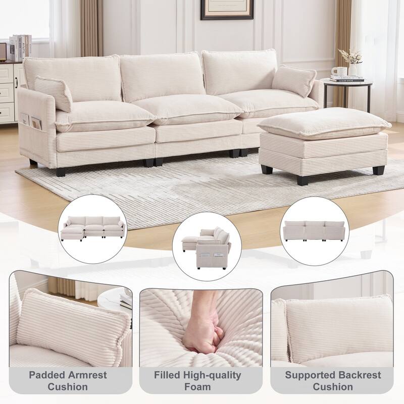 102.95" L-Shaped Corduroy Sectional Sofa with Movable Ottoman