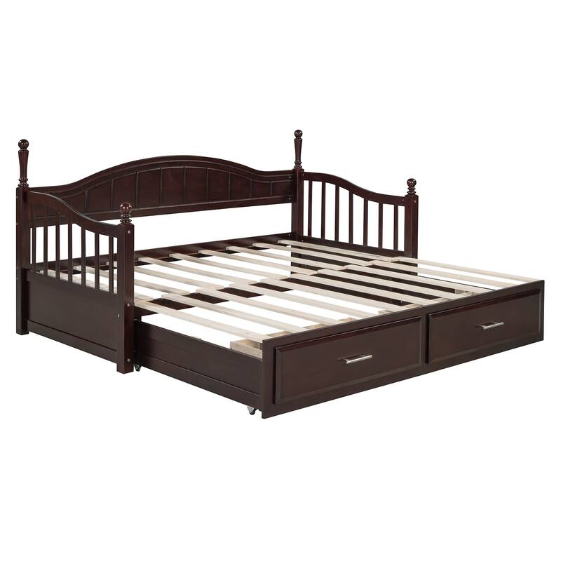 Twin Daybed Extendable Wood Sofa Bed Frame w/ Pull-out Trundle & 2 Storage Drawers, Wood Slat Support, Guardrails on Both Sides