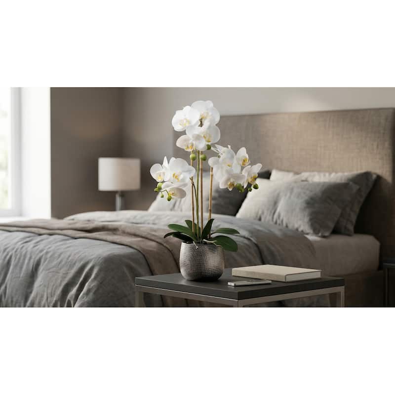 Premium Artificial White Orchid Phalaenopsis Including Textured Metallic-Silver Vase, 24 Inch