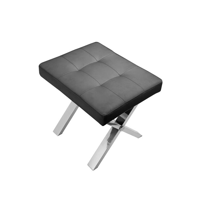 Tia 20 Inch Accent Stool Ottoman, Black Faux Leather, Polished Chrome Legs