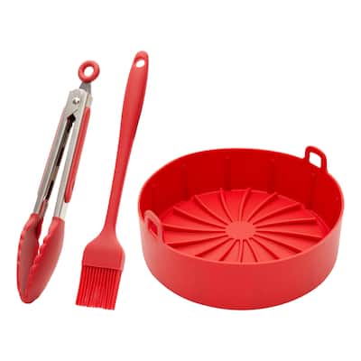 4-Piece Set Silicone Pot Basket with Handles, Brush, Tongs for Air Fryer Liner (7.5 In, Red)