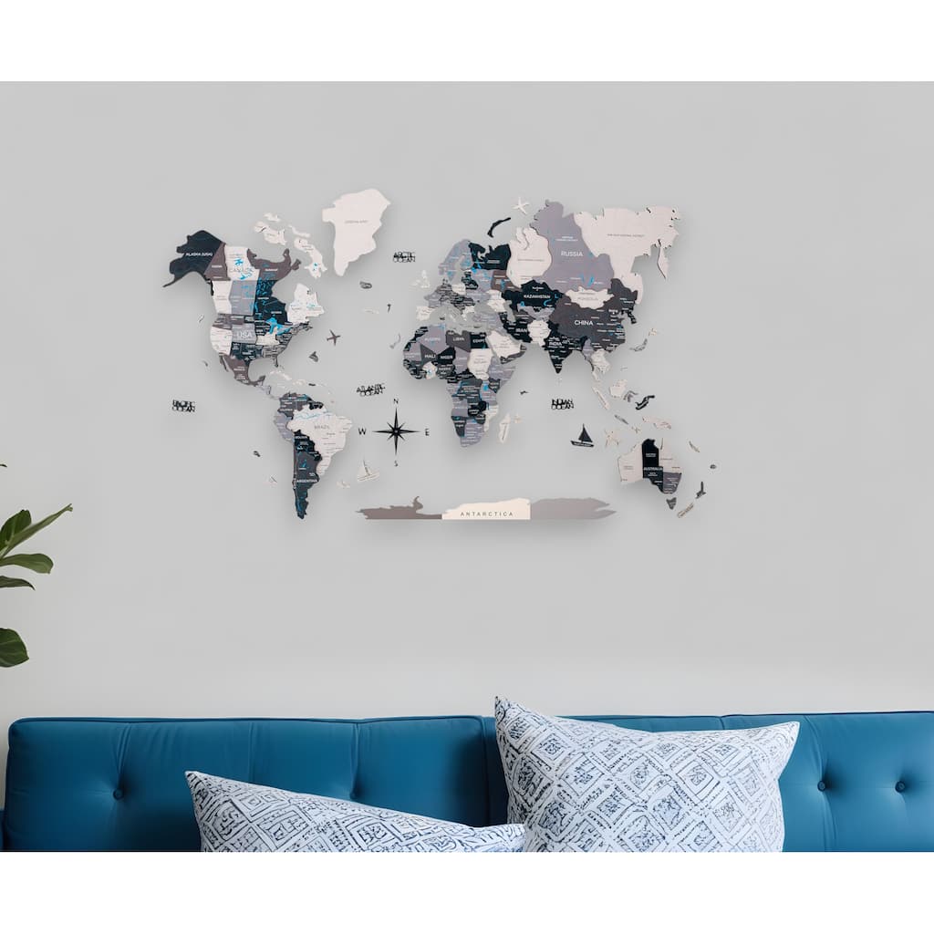 HomeRoots 24" X 39" Black Gray and White Wood World Map Hanging Dimensional Sculpture