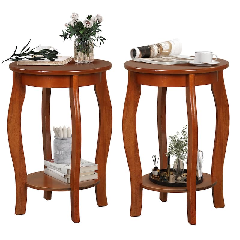 Gymax 2-Tier Round End Table Set of 2 Narrow Sofa Side Nightstand w/ - Walnut - Wood