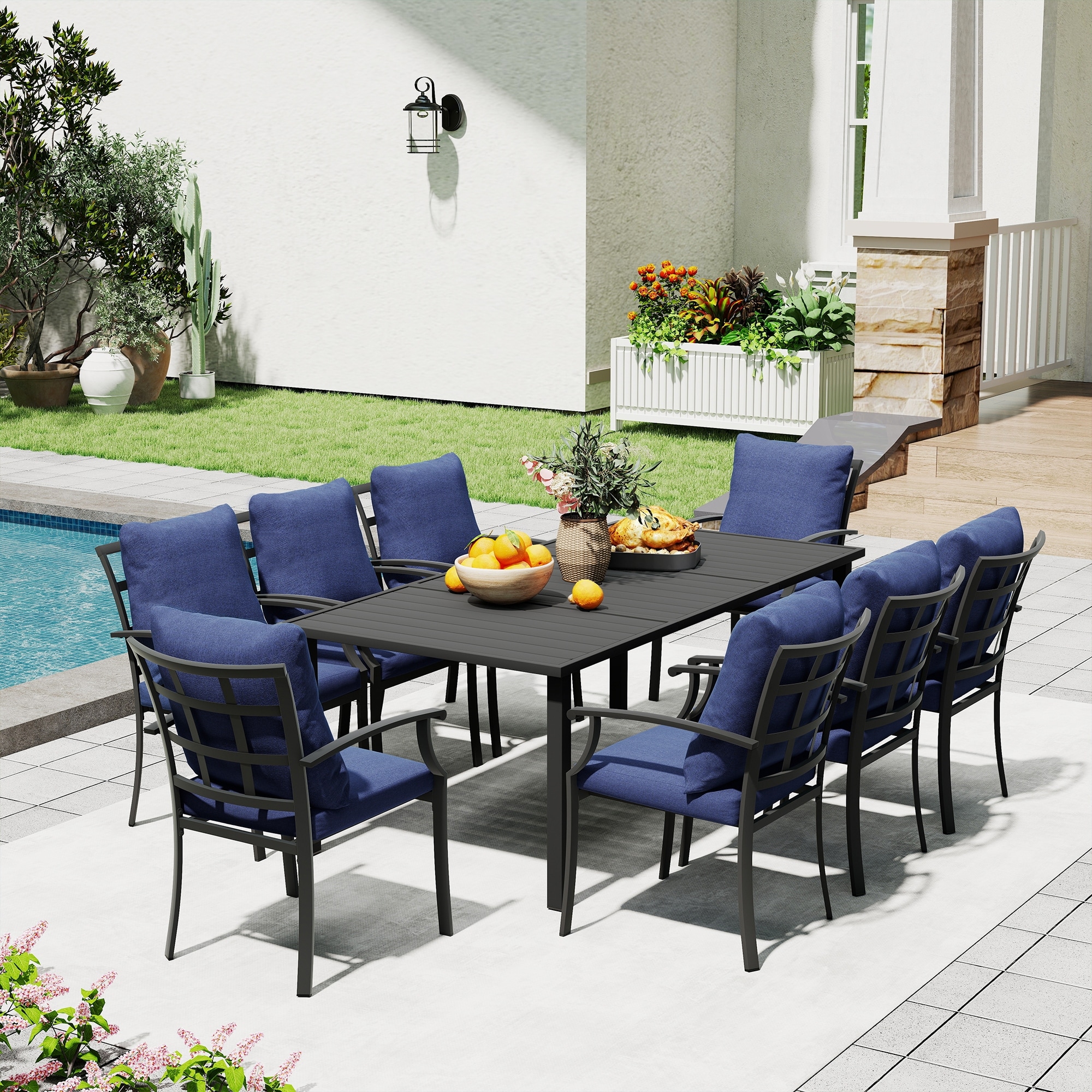 IvyGlow 9-Piece Black Metal Patio Dining Set with Rectangular Table and Gray Cushions