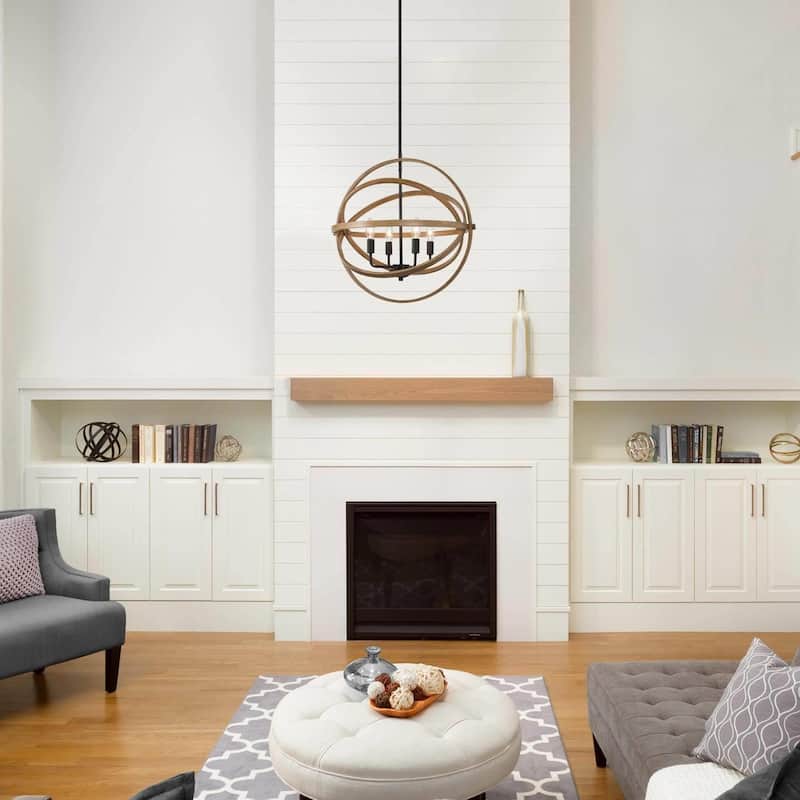 Modern Farmhouse 4-Light Globe Chandelier Wood Grain Pendant Light for Dining Room - D 21" x H 21"
