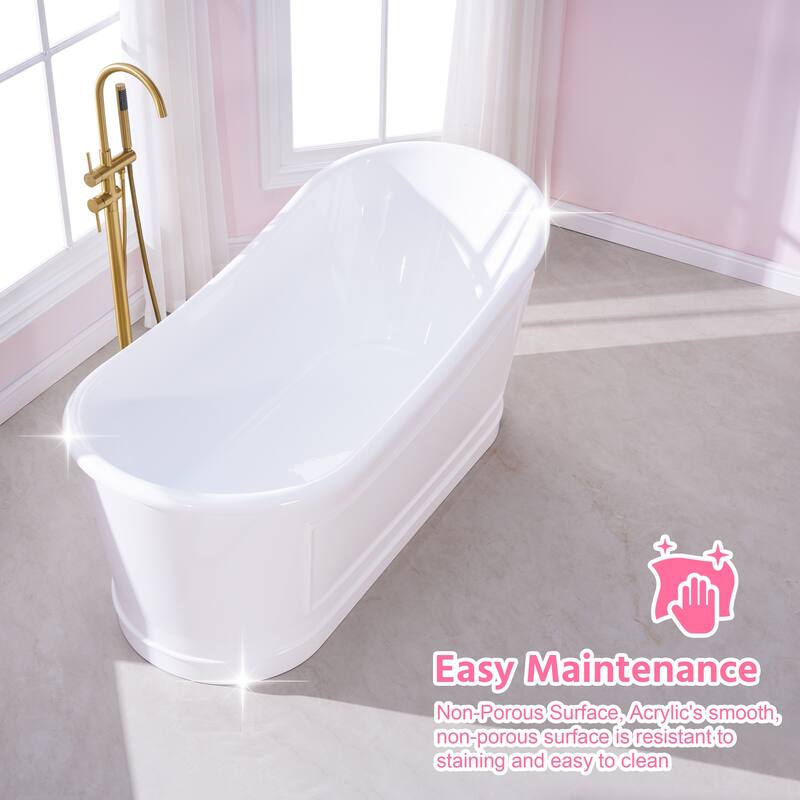 66'' W,68 GALLONS Freestanding Acrylic Soaking Bathtub With Drain And Overflow Holes