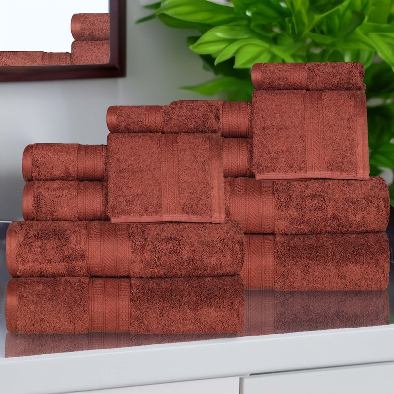 Superior Atlas Cotton Plush Absorbent Heavyweight 12 Piece Towel Set - Chocolate