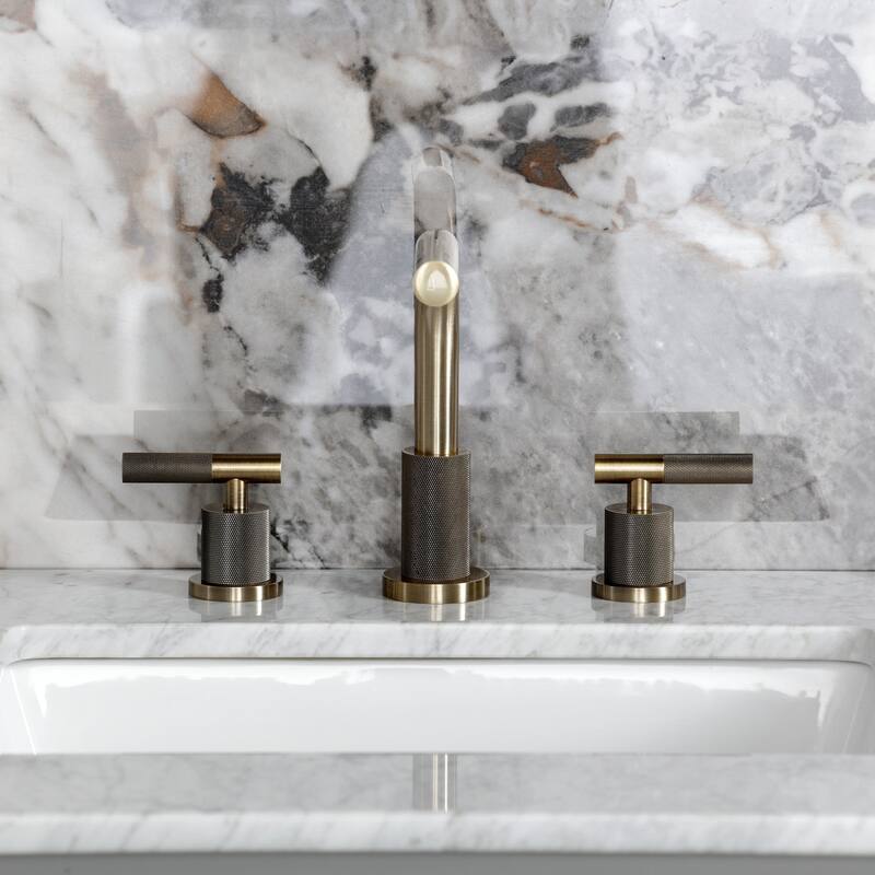 Kingston Brass Convergent Two-Handle 3-Hole Deck Mount Widespread Bathroom Faucet with Knurled Handle and Brass Pop-Up Drain