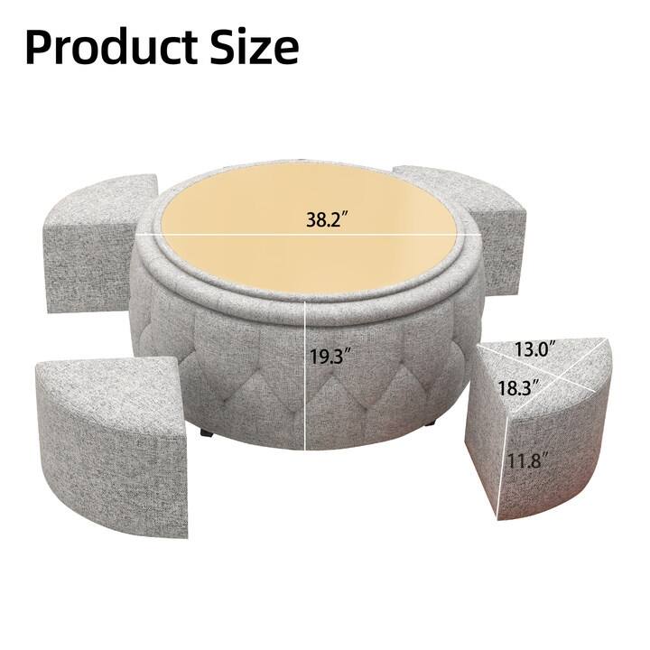 36" Wide Storage Ottoman Large with 4 Wheels,Rolling Ottoman with Removable Lid, Inside 4 Stools/Taborets
