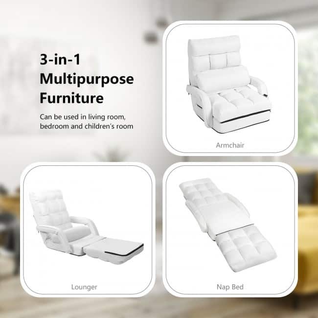 Folding Lazy Floor Chair Sofa with Armrests and Pillow-White - 22" x 26" x 29" (L x W x H)