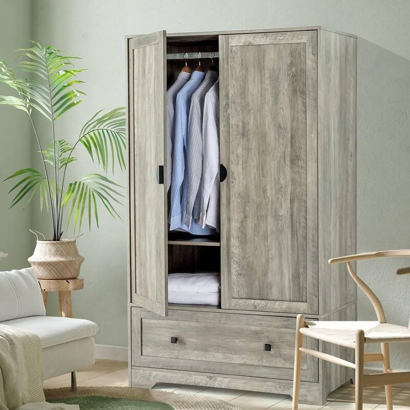 Grey Armoire Wardrobe Closet with Hanging Rod