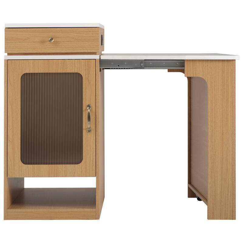 Kitchen Island with Extendable Dining Table, Kitchen Storage Table with 2 Drawers, Power Outlet, Open Shelves, for Diningroom