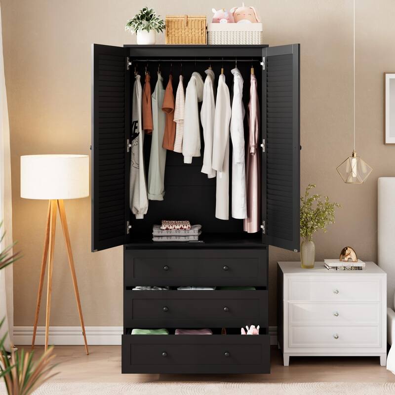 69.5" Wooden Armoire Wardrobe Closet with Louvered Doors, Drawers & Hanging Rod, Natural Finish Storage Cabinet