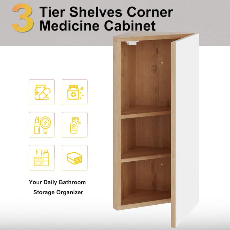 Eclife Corner Medicine Cabinet With Mirror Triple Shelf Storage Left Open