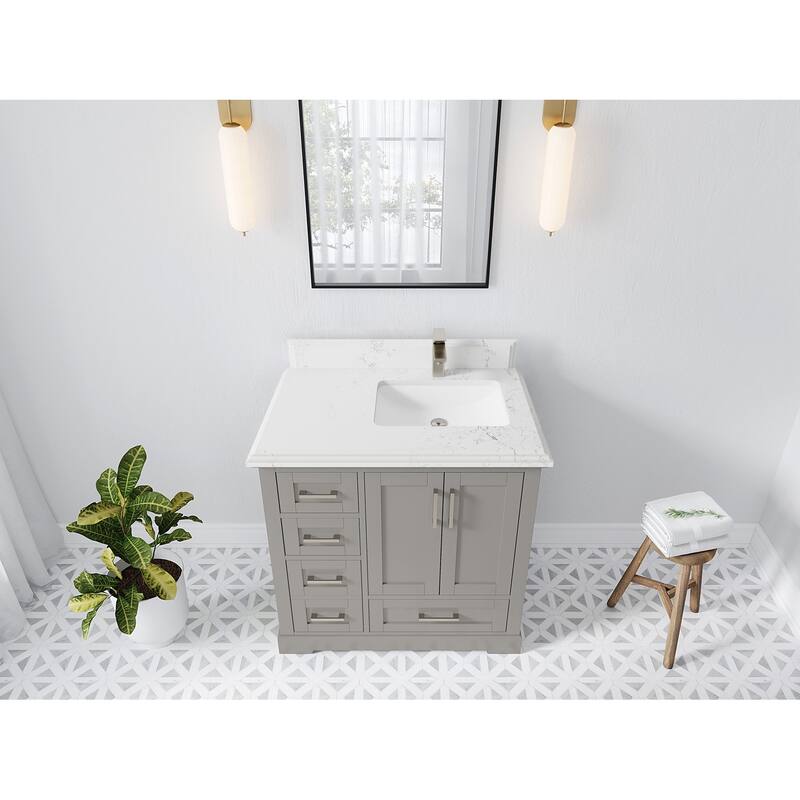 Willow Collections 36 x 22 Boston Right Offset Sink Bathroom Vanity with Quartz or Marble Countertop - 1.5"Empira - Elephant Skin Gray