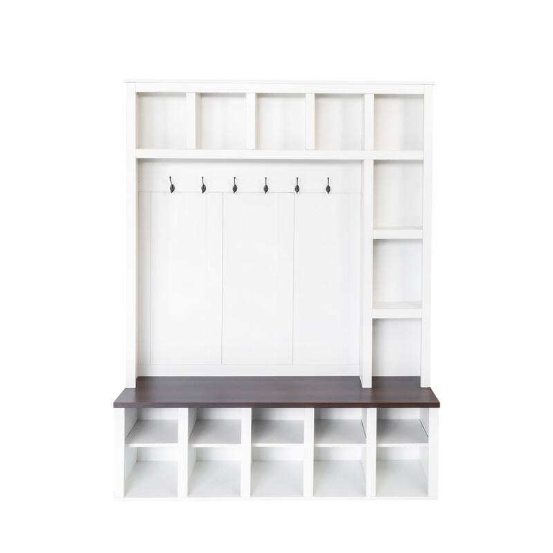 Farmhouse 4-in-1 Hall Tree with Shoe Cabinet, Entryway Storage Bench with 13 Cubbies, Coat Rack w/ Adjustable Shelves & 6 Hooks