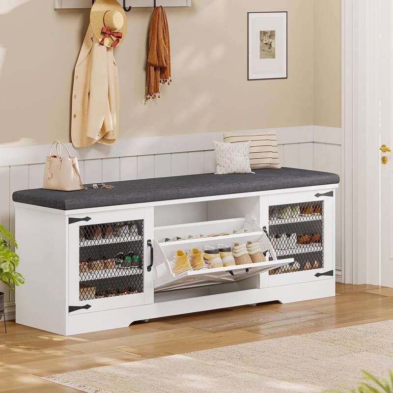 Storage Bench with Cushion Adjustable Shelf Shoe Rack Cabinet
