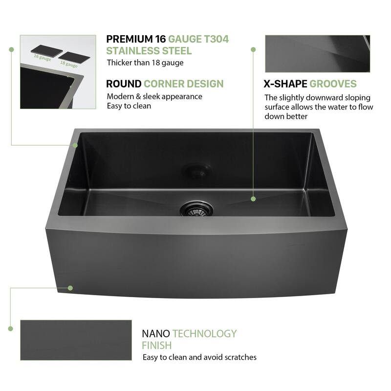 30 Inch Gunmetal Black Stainless Steel 16 gauge Kitchen Sink - 30 x 21