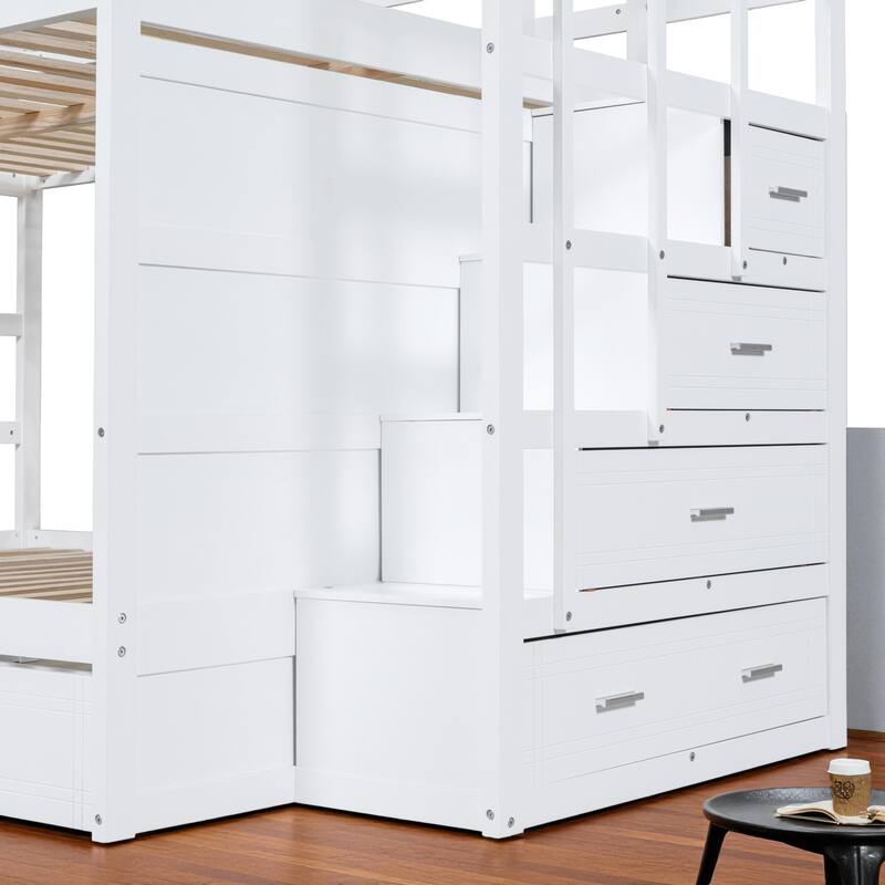 Full Over Full Bunk Bed with Twin Trundle and Storage Staircase, Solid Wood Frame, Space-Saving Design