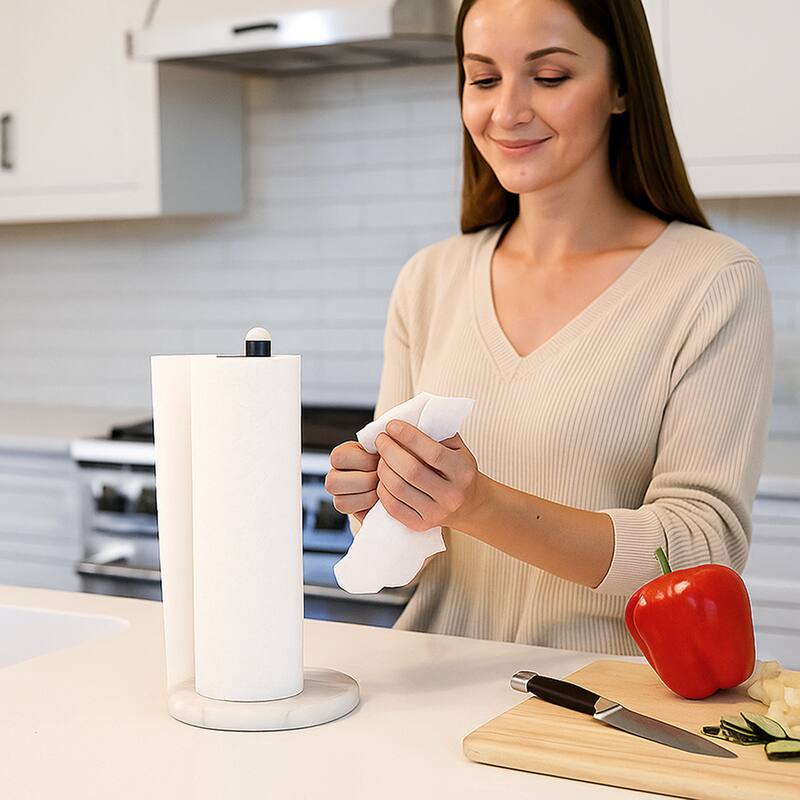 Creative Home White Marble Upright Paper Towel Holder with Black Metal Pole