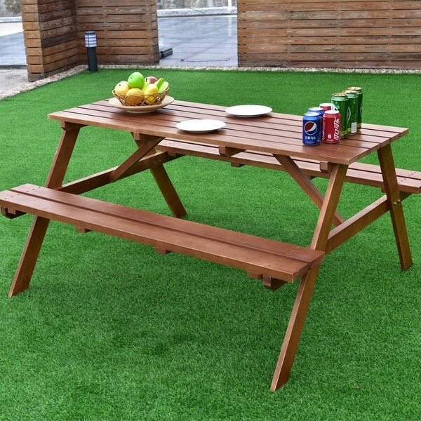 Shop Costway Solid Pine Wood Picnic Table w/ Attached ...