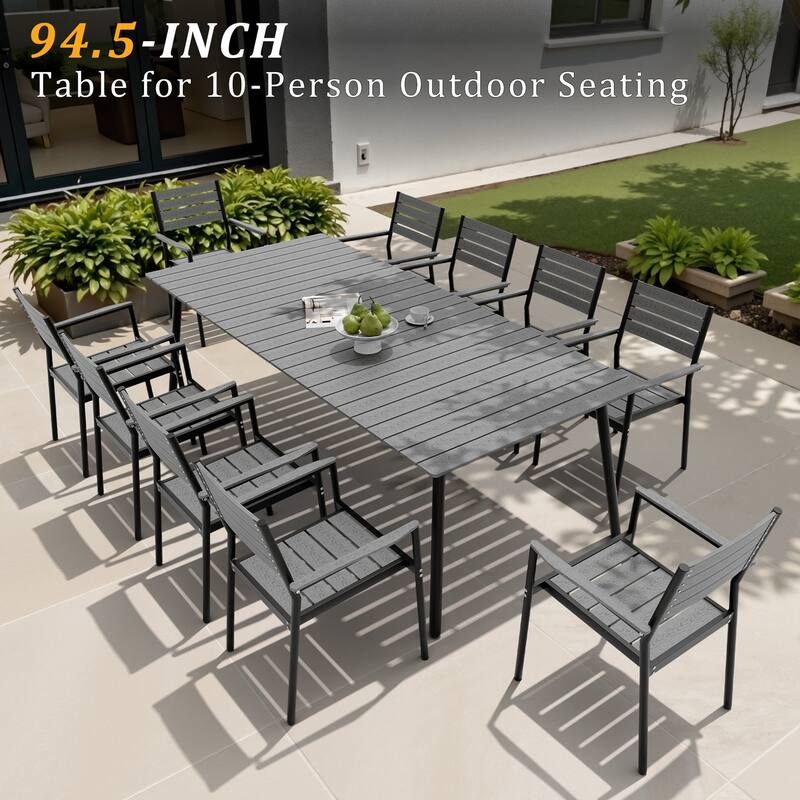 94.5in Outdoor Patio Rectangle Aluminum Wood-Like Dining Table with Umbrella Hole