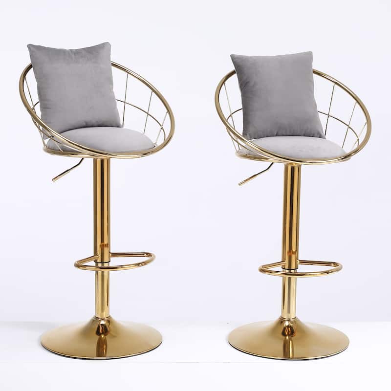 Adjustable Height Swivel Bar Stools Set of 2 with Velvet Padded Seat, Weave Shape Back, Gold Plated Base and Non-slip Pads
